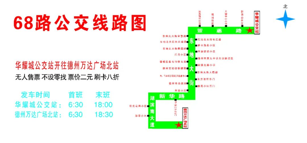 明起德州市区新开通68路公交由华耀城公交站开往德州万达广场北站